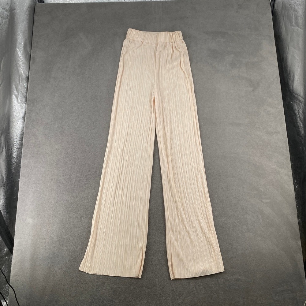 Missguided Champagne Cream Plisse Pleated Wide Leg High Waisted Pants US 0